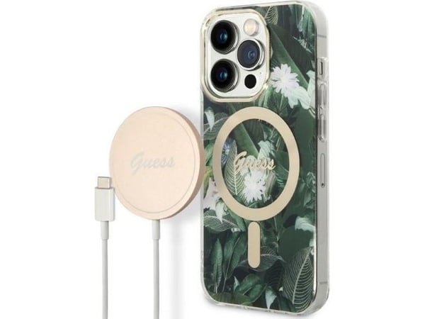 Apple iPhone 14 PRO Guess-glas/plånboksfodral Jungle Collection MagSafe + trådlös laddare (GUBPP14SH4EACSP) grön