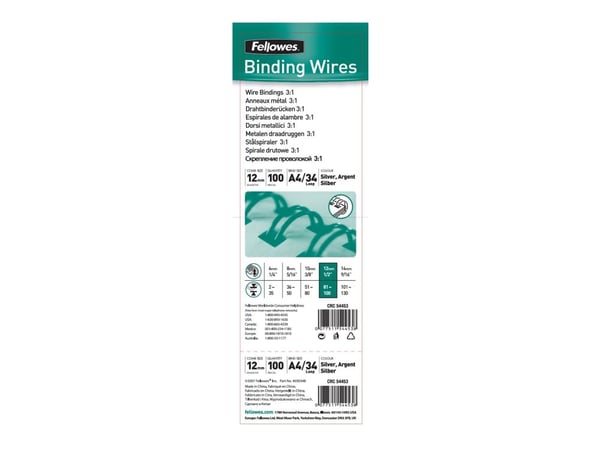 Fellowes - 12 mm - 34 ringer - A4 (210 x 297 mm) - 100 ark - sølv - 100 stk bindestreng - for Fellowes Galaxy E, Galaxy Wire, Quasar 130