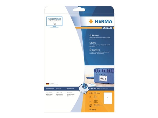 HERMA 4824, Valkoinen, Itse kiinnittyvä tulostintarra, A4, Paperi, Mustesuihku, Kiinteä
