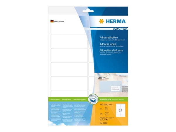 HERMA Premium - Papir - matt - permanent selv-adhesiv - hvit - 99.1 x 38.1 mm 140 etikett(er) (10 ark x 14) laminerte adresseetiketter