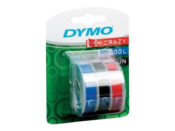 DYMO 3D prægetape 9mm x 3m sort, rød og blå selvklæbende - (3 stk.)