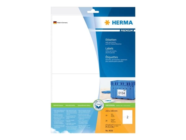 HERMA Premium - Papir - matt - permanent selv-adhesiv - hvit - 210 x 148 mm 20 etikett(er) (10 ark x 2) laminerte adresseetiketter