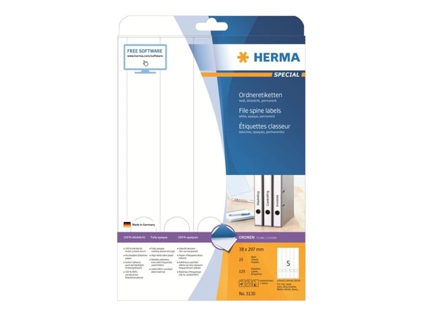 HERMA Special - Papir - matt - permanent selv-adhesiv - hvit - 38 x 297 mm 125 etikett(er) (25 ark x 5) opake arkivmappeetiketter