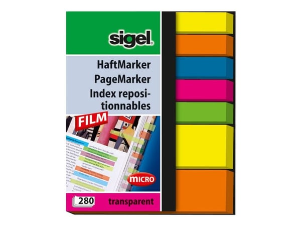 Sigel PageMarker - Sidmarkerare - 280 ark - genomskinligt grön, genomskinligt rosa, genomskinligt blå, genomskinligt gul, genomskinligt orange