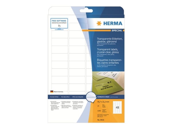 HERMA 8016, Läpinäkyvä, Itse kiinnittyvä tulostintarra, A4, Laser, Kiinteä, Kiilto