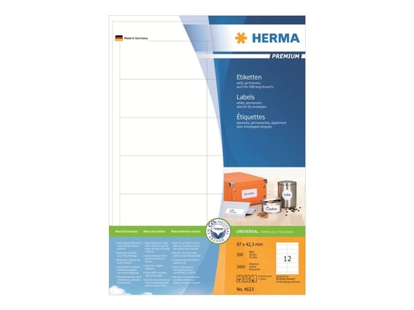 HERMA Premium - Papir - matt - permanent selv-adhesiv - hvit - 97 x 42.3 mm 2400 etikett(er) (200 ark x 12) laminerte etiketter