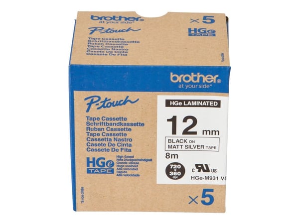 Brother HGE-M931V5 - Sort på sølv - Rull (1,2 cm x 8 m) 5 kassett(er) laminert teip - for P-Touch PT-9500pc, PT-9800PCN; P-Touch R RL-700S