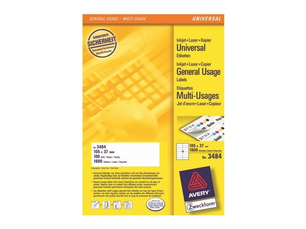 Avery Universal Labels, White 105x37mm, 105 x 37, 1600 kpl, 100 arkkia