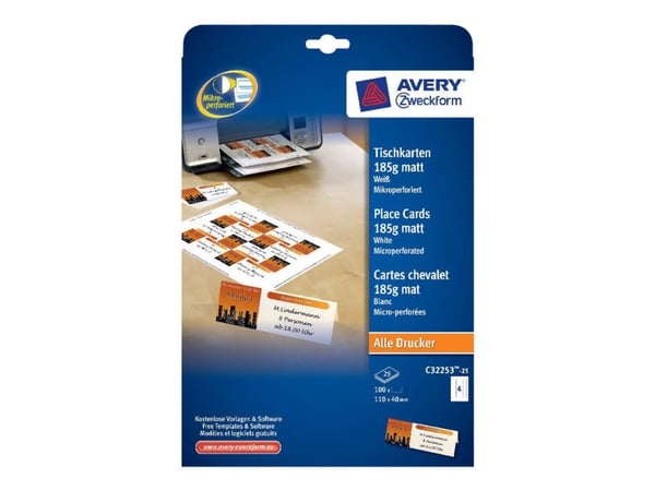 Avery Tent Card C32253 - Hvit - 40 x 110 mm 100 stk (25 ark x 4) bordkort