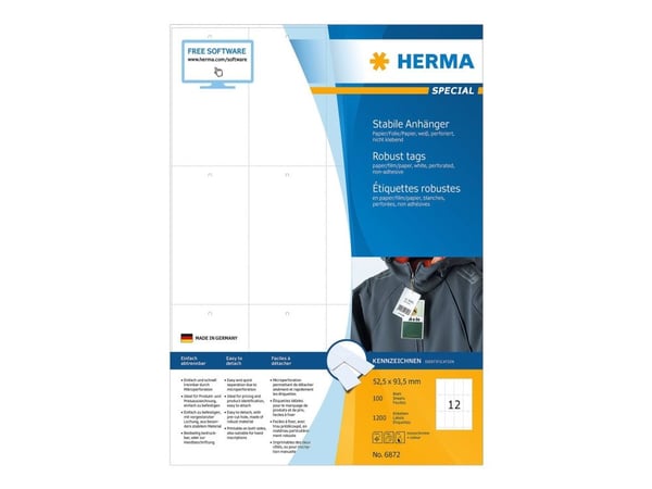 HERMA Special - Ikke-adhesiv - perforert - hvit - 52.5 x 93.5 mm 1200 etikett(er) (100 ark x 12) merkelapper