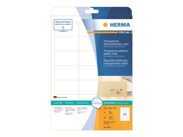 HERMA 8670, Läpinäkyvä, Laser, Matta, Kiinteä, Pyöristetty suorakulmio, 6,35 cm