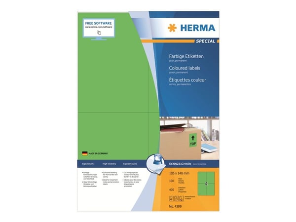 HERMA Special - Papir - matt - permanent selv-adhesiv - grønn - A6 (105 x 148 mm) 400 etikett(er) (100 ark x 4) merkelapper