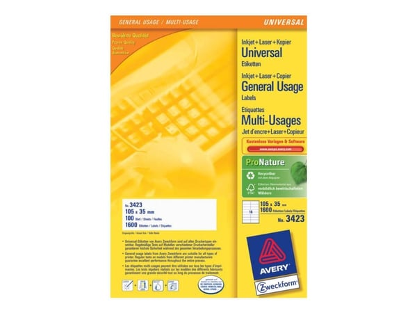 Avery Universal Labels, White 105x35mm, 105 x 35, 1600 kpl, 100 arkkia