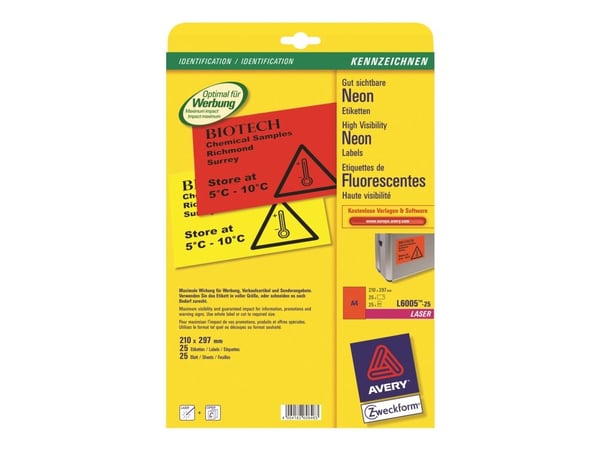 Avery Zweckform L6005 - Permanet adhesiv - selvlysende rød - A4 (210 x 297 mm) 25 etikett(er) 1 merkelapper