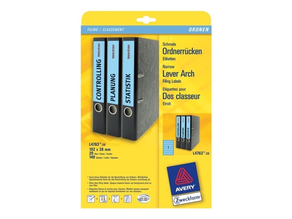 Avery Zweckform L4763 - Blå - 38 x 192 mm 140 etikett(er) (20 ark x 7) filmappeetiketter