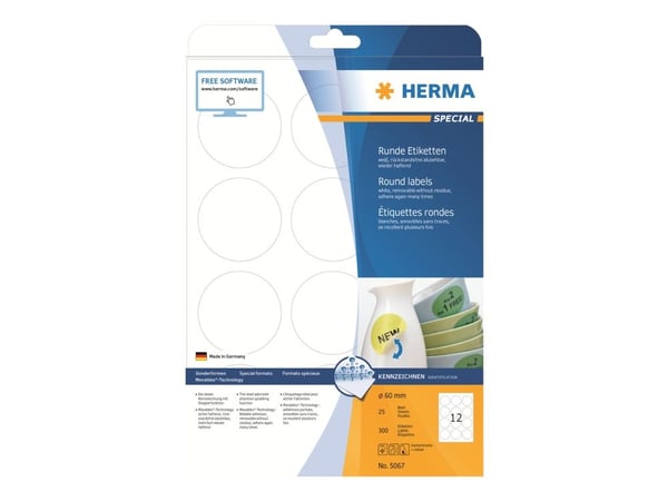 HERMA Special - Papir - matt - fjernbart selv-adhesiv - hvit - 60 mm rund 300 etikett(er) (25 ark x 12) merkelapper