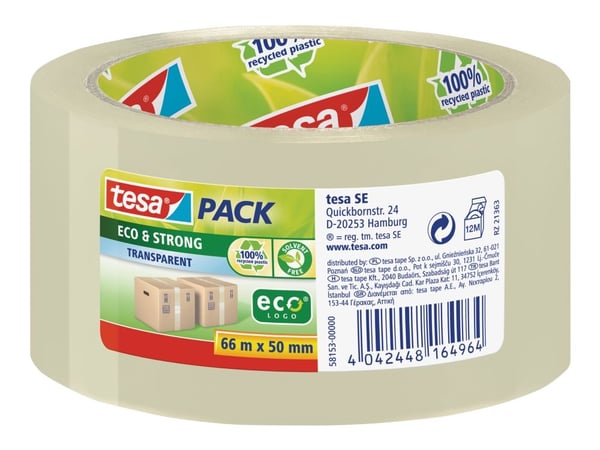 Pakkanauha, Tesapack Eco &amp; Strong EcoLogo, PP, 50 mm x 66 m, selkeä