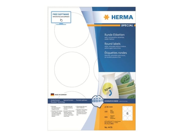 HERMA Special - Papir - matt - fjernbart selv-adhesiv - hvit - 85 mm rund 600 etikett(er) (100 ark x 6) merkelapper