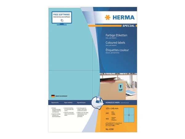 HERMA Special - Papper - matt - permanent självhäftande - blå - A6 (105 x 148 mm) 400 etikett (er) (100 ark x 4) etiketter