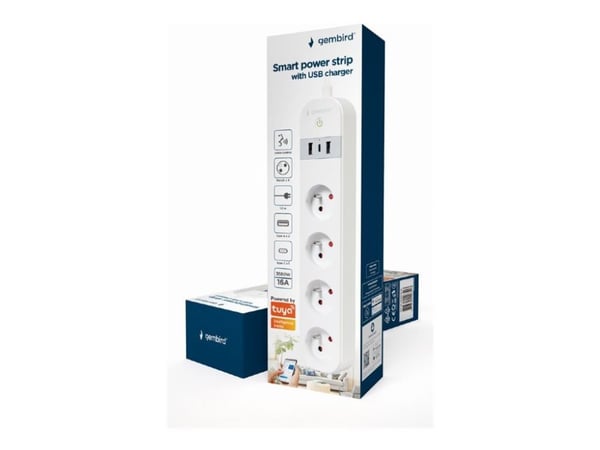 Gembird TSL-PS-F4U-01-W - Smart strømstripe - AC 230 V - 3680 watt - Wi-Fi - inngang: Type E - utgangskontakter: 4 (Type E, 2 x USB, USB-C) - 1.5 m...