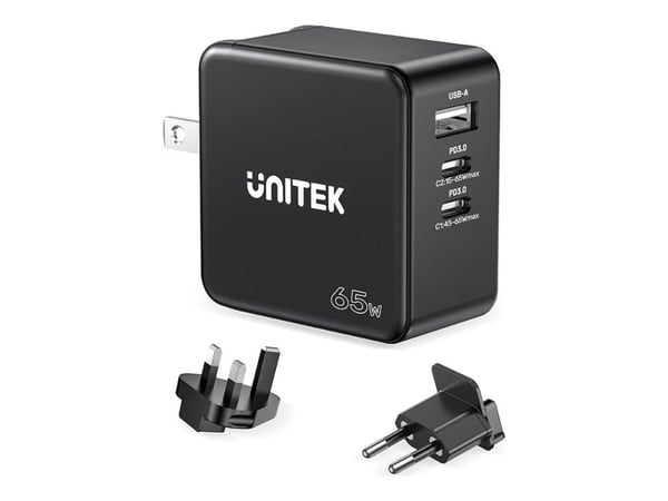 Unitek - Strømadapter - GaN - 65 Wh - 3.25 A - PD, QC 3.0 - 2 utgangskontakter (USB, 2 x USB-C) - svart