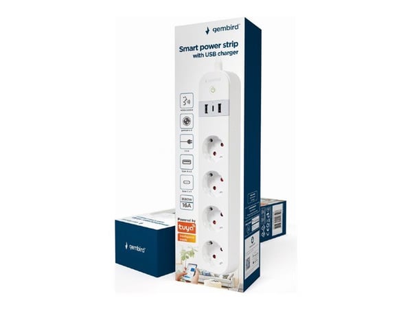 Gembird TSL-PS-S4U-01-W - Smart kraftlist - AC 230 V - 3680 watt - Wi-Fi - ingång: Typ F - utgångskontakter: 4 (Typ F, 2 x USB, USB-C) - 1.5 m slad...
