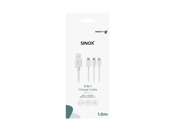 Sinox 3-in-1 kaapeli Lightning, USB C ja Micro USB. 1m. valkoinen