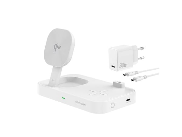 4smarts Trident - Trådløst ladestativ - Qi2 + AC-strømadapter - 25 watt - 1 A - 2 utgangskontakter (USB-C) - hvit