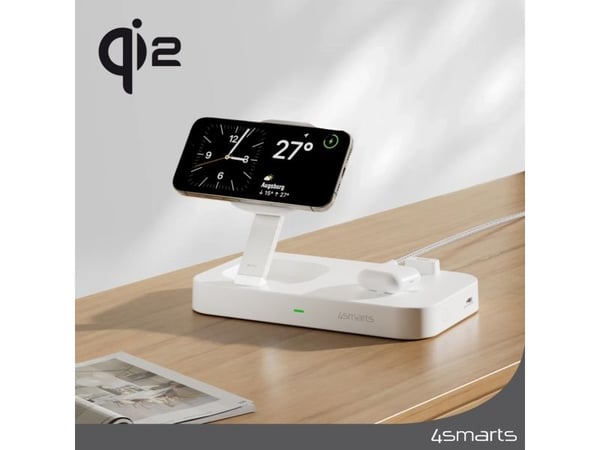 4smarts Trident - Trådløst ladestativ - Qi2 + AC-strømadapter - 25 watt - 1 A - 2 utgangskontakter (USB-C) - hvit