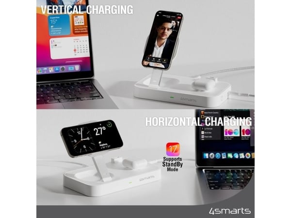 4smarts Trident - Trådløst ladestativ - Qi2 + AC-strømadapter - 25 watt - 1 A - 2 utgangskontakter (USB-C) - hvit