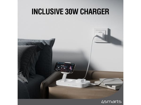 4smarts Trident - Trådløst ladestativ - Qi2 + AC-strømadapter - 25 watt - 1 A - 2 utgangskontakter (USB-C) - hvit