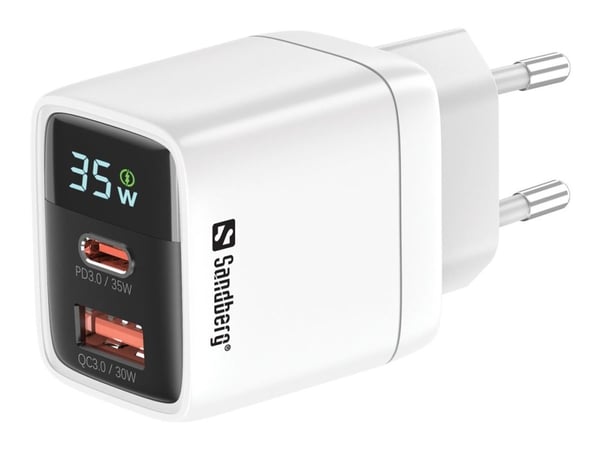 Sandberg - Strømadapter - 2-i-1 - 35 watt - 3 A - PD 3.0, QC 3.0 - 2 utgangskontakter (USB, USB-C)