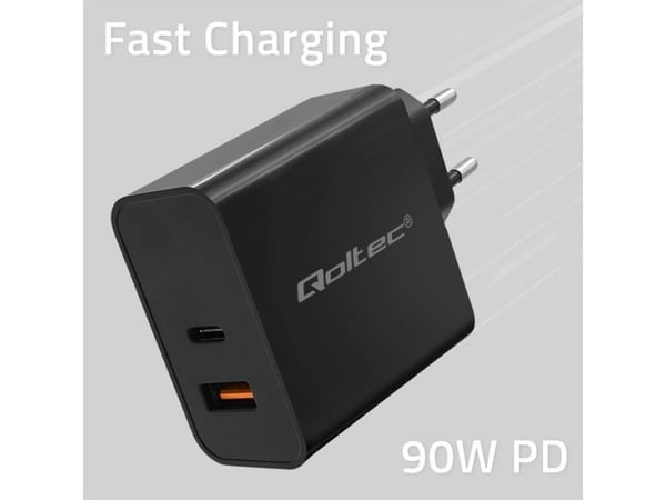 Qoltec Super Quick PD -laturi | 1xUSB-C | 1xUSB | 90W | 5-20V | 2.4-4.35A | Musta | Musta