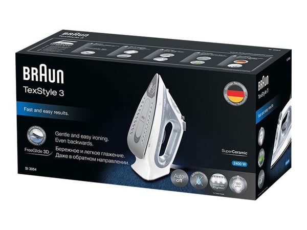 Braun TexStyle 3 SI 3054 GY - Dampstrykejern med automatisk slukking - såleplate: FreeGlide 3D SuperCeramic - 2400 W - grå