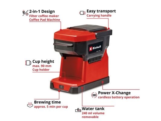Einhell TE-CF 18 Li-Solo, Kaffebrygger (drypp), 0,24 l, Kaffe pute, Sort, Rød - SOLO