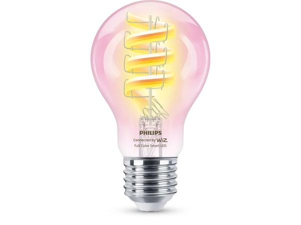Philips Älykäs RGB-filamenttilamppu, A60, E27-kanta, 470 lm, Älylamppu, Wi-Fi/Bluetooth, Läpinäkyvä, Wi-Fi 4 (802.11n), 802.11b, 802.11g, LED, E27