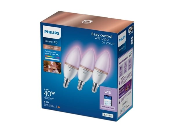 Philips - LED - form: C37 - glaserad finish - E14 - 4.9 W (motsvarande 40 W) - klass F - cool white/warm white - 2200-6500 K (paket om 3)