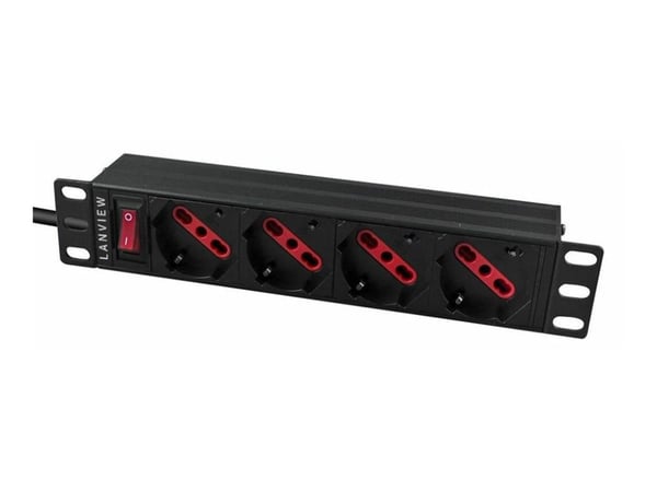 Lanview - Flerkoplingslist (kan monteres i rack) - inngang: Type J - utgangskontakter: 4 (Type F/L) - 1U - 10" - 2 m kabel - svart