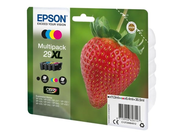 Epson Strawberry Multipack 4-colours 29XL Claria Home Ink, Korkea (XL) värintuotto, Musta, Syaani, Magenta, Keltainen, 11,3 ml, 6,4 ml, 1 kpl, 470 ...
