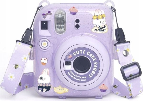 LoveInstant etui til FujiFilm Fuji INSTAX Mini 12 + klistremerker og fotolomme / søt kanin / lilla glitter
