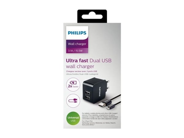 Philips USB-vegglader DLP2307U/12, Innendørs, AC, 5 V, Sort