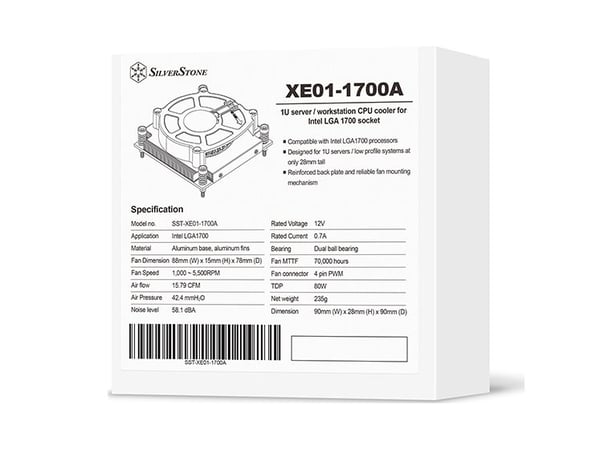Silverstone SST-XE01-1700A, Luftkjøler, 8 cm, 1000 RPM, 5500 RPM, Sort