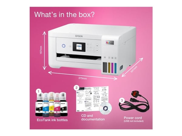 Epson EcoTank ET-2856 - Multifunksjonsskriver - farge - ink-jet - påfyllbar - A4 (medie) - opp til 10.5 spm (trykking) - 100 ark - Wi-Fi, USB - hvit