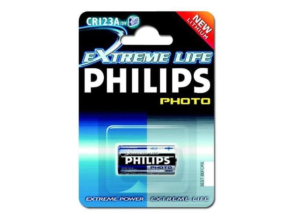 Philips Minicells Valokenno CR123A/01B, Ladattava akku, 3 V, Cd (kadmium), Hg (elohopea), Pb (lyijy), 22 g, PET, 83 x 120 x 17 mm
