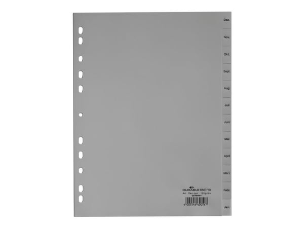 DURABLE - Inndeler - 12 deler - fortrykt: Dez-Jan - for A4 (210 x 297 mm) - med fliker - grå