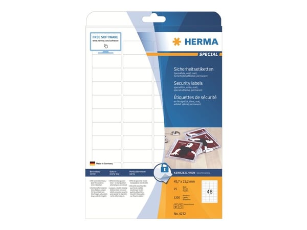 HERMA 4232, Valkoinen, Itse kiinnittyvä tulostintarra, A4, Laser, Kiinteä, Matta