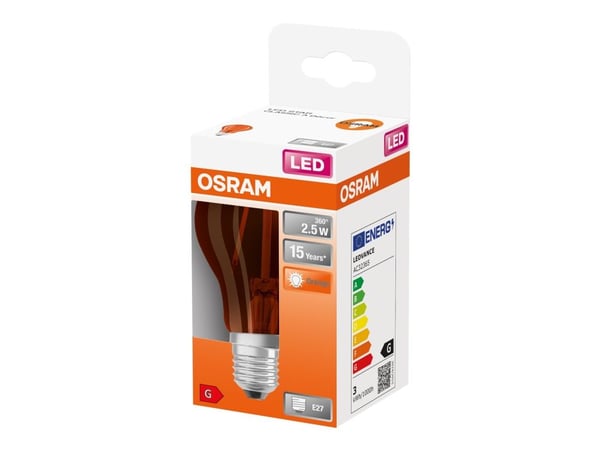 OSRAM LED STAR Décor Classic A - LED-lyspære - form: A60 - E27 - 2.5 W (ekvivalent 15 W) - klasse G - oransje lys - 1500 K OSRAM LED STAR Décor Classic A - LED-lyspære - form: A60 - E27 - 2.5 W (ekvivalent 15 W) - klasse G - oransje lys - 1500 K