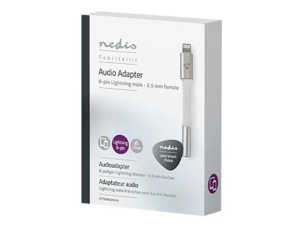 Nedis - Lightning- ja kuulokeliitäntäsovitin - Lightning-uros ja mini-kuulokkeiden stereo 3,5 mm naaras - 15 cm - alumiini