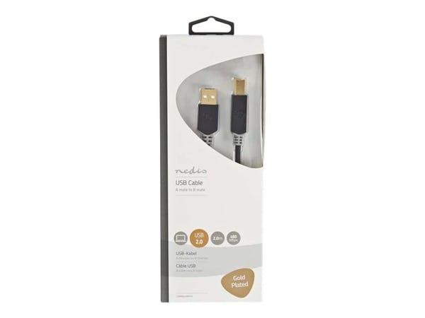 Nedis USB-kabel | USB 2.0 | USB-A hann | USB-B-kontakt | 480 Mbps | Forgylt | 2,00m | runde | pvc | Antrasitt | Emballasje med visningsvindu