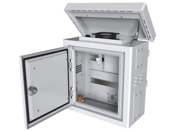 Lanview by Logon - Camera surveillance cabinet - mini radius, for 4 cameras - med 2 kjølevifter, termostat - stangmonterbar - hvit, RAL 7035